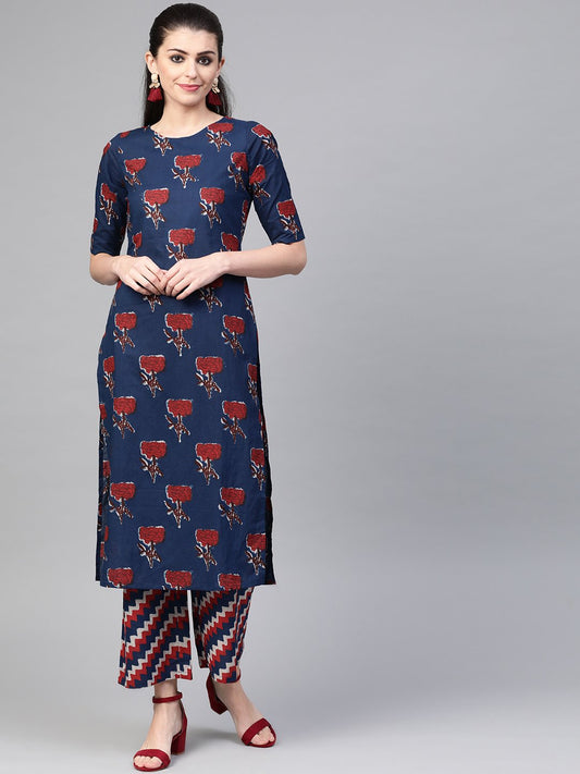 Women Blue & Red Straight Floral Printed Kurta And Palazzos Set | LASVINI - Redefining Indian Fashion with Elegance