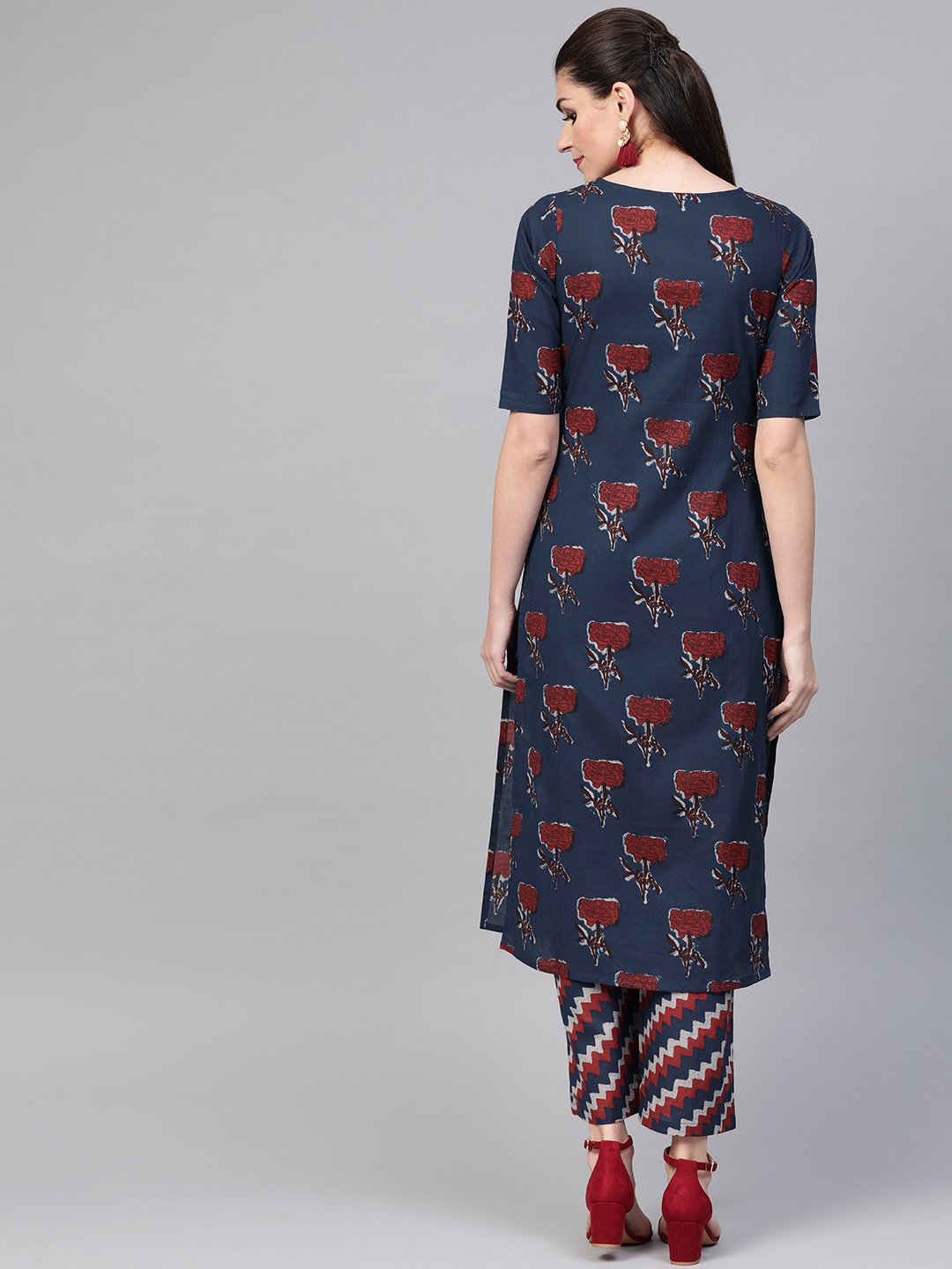 Women Blue & Red Straight Floral Printed Kurta And Palazzos Set | LASVINI - Redefining Indian Fashion with Elegance