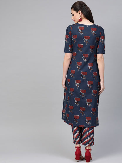 Women Blue & Red Straight Floral Printed Kurta And Palazzos Set | LASVINI - Redefining Indian Fashion with Elegance