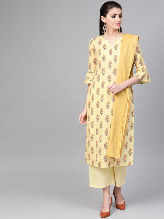Women Yellow & Brown Straight Ethnic Motifs Printed Kurta And Palazzos Set | LASVINI - Redefining Indian Fashion with Elegance