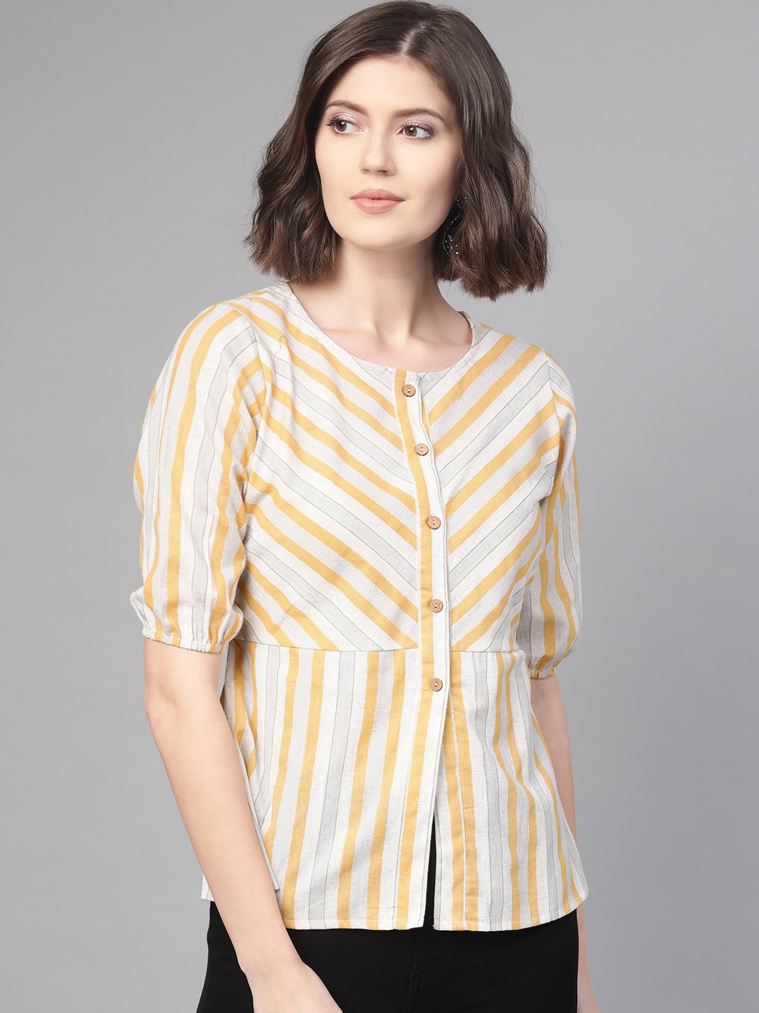 Women Off White & Mustard Peplum Striped Top | LASVINI - Redefining Indian Fashion with Elegance