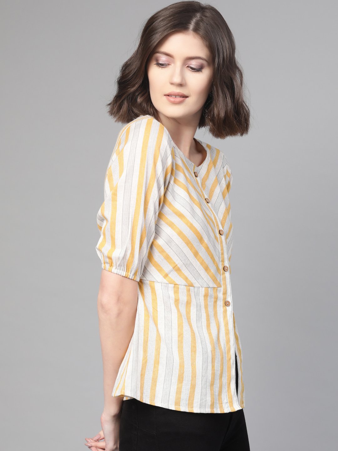 Women Off White & Mustard Peplum Striped Top | LASVINI - Redefining Indian Fashion with Elegance