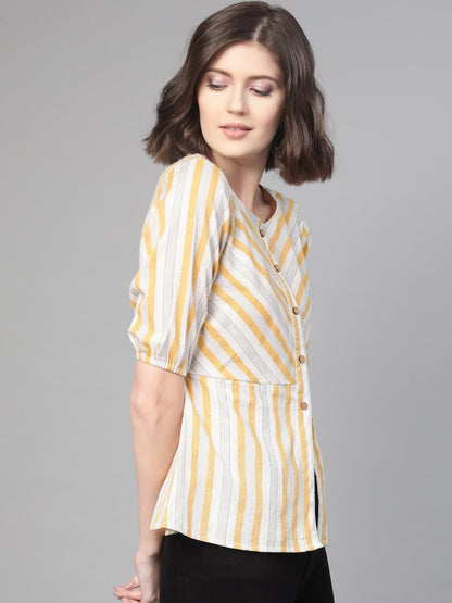Women Off White & Mustard Peplum Striped Top | LASVINI - Redefining Indian Fashion with Elegance