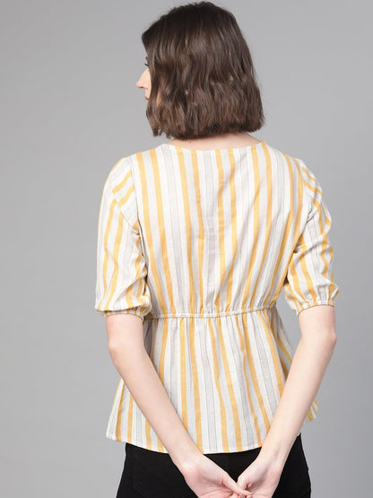Women Off White & Mustard Peplum Striped Top | LASVINI - Redefining Indian Fashion with Elegance