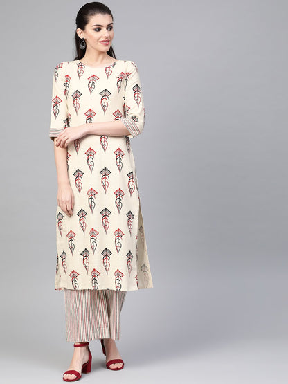 Women Off White & Red Straight Ethnic Motifs Printed Kurta And Palazzos Set | LASVINI - Redefining Indian Fashion with Elegance