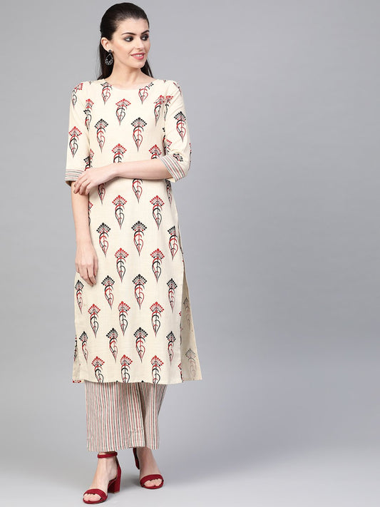 Women Off White & Red Straight Ethnic Motifs Printed Kurta And Palazzos Set | LASVINI - Redefining Indian Fashion with Elegance