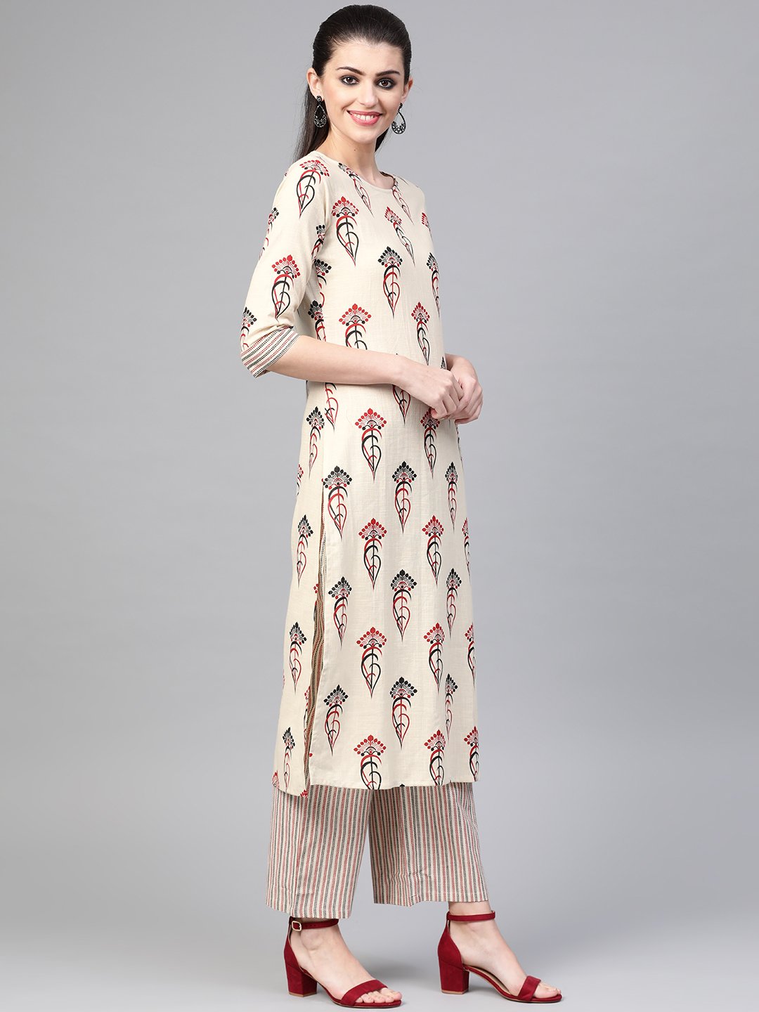 Women Off White & Red Straight Ethnic Motifs Printed Kurta And Palazzos Set | LASVINI - Redefining Indian Fashion with Elegance
