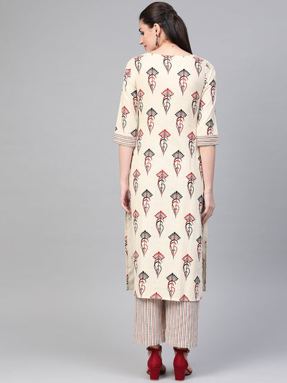 Women Off White & Red Straight Ethnic Motifs Printed Kurta And Palazzos Set | LASVINI - Redefining Indian Fashion with Elegance