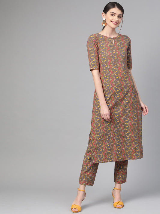 Women Green & Red Straight Geometric Printed Kurta And Palazzos Set | LASVINI - Redefining Indian Fashion with Elegance