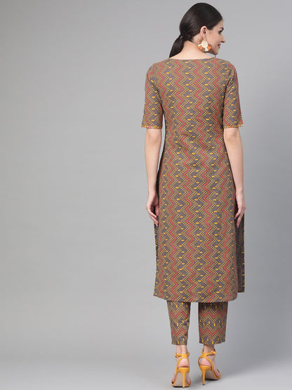 Women Green & Red Straight Geometric Printed Kurta And Palazzos Set | LASVINI - Redefining Indian Fashion with Elegance