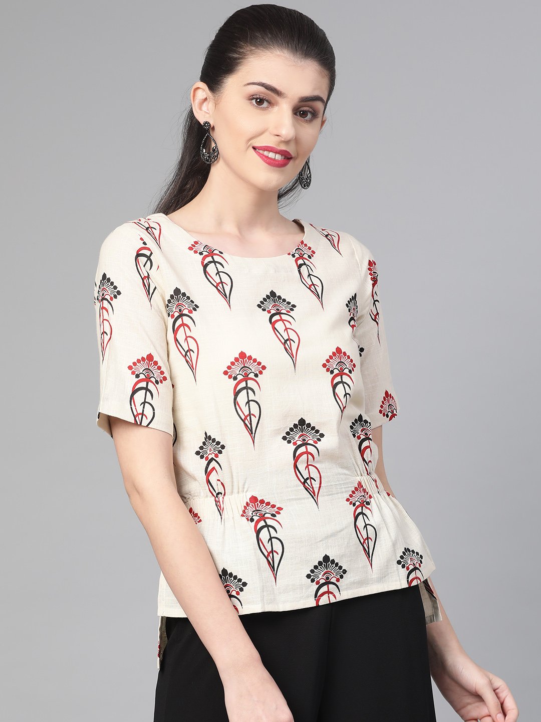 Women Off White & Red Regular Printed Top | LASVINI - Redefining Indian Fashion with Elegance