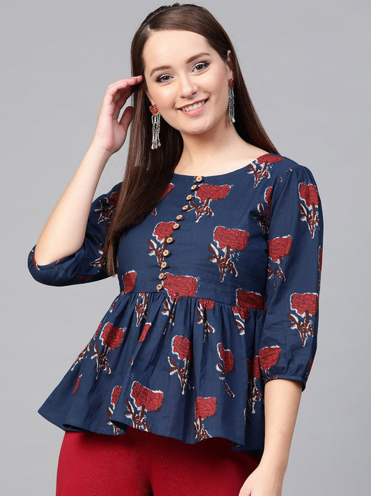 Women Blue & Red Peplum Printed Top | LASVINI - Redefining Indian Fashion with Elegance