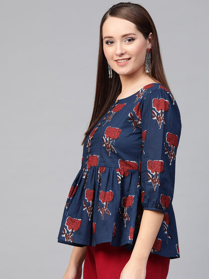 Women Blue & Red Peplum Printed Top | LASVINI - Redefining Indian Fashion with Elegance