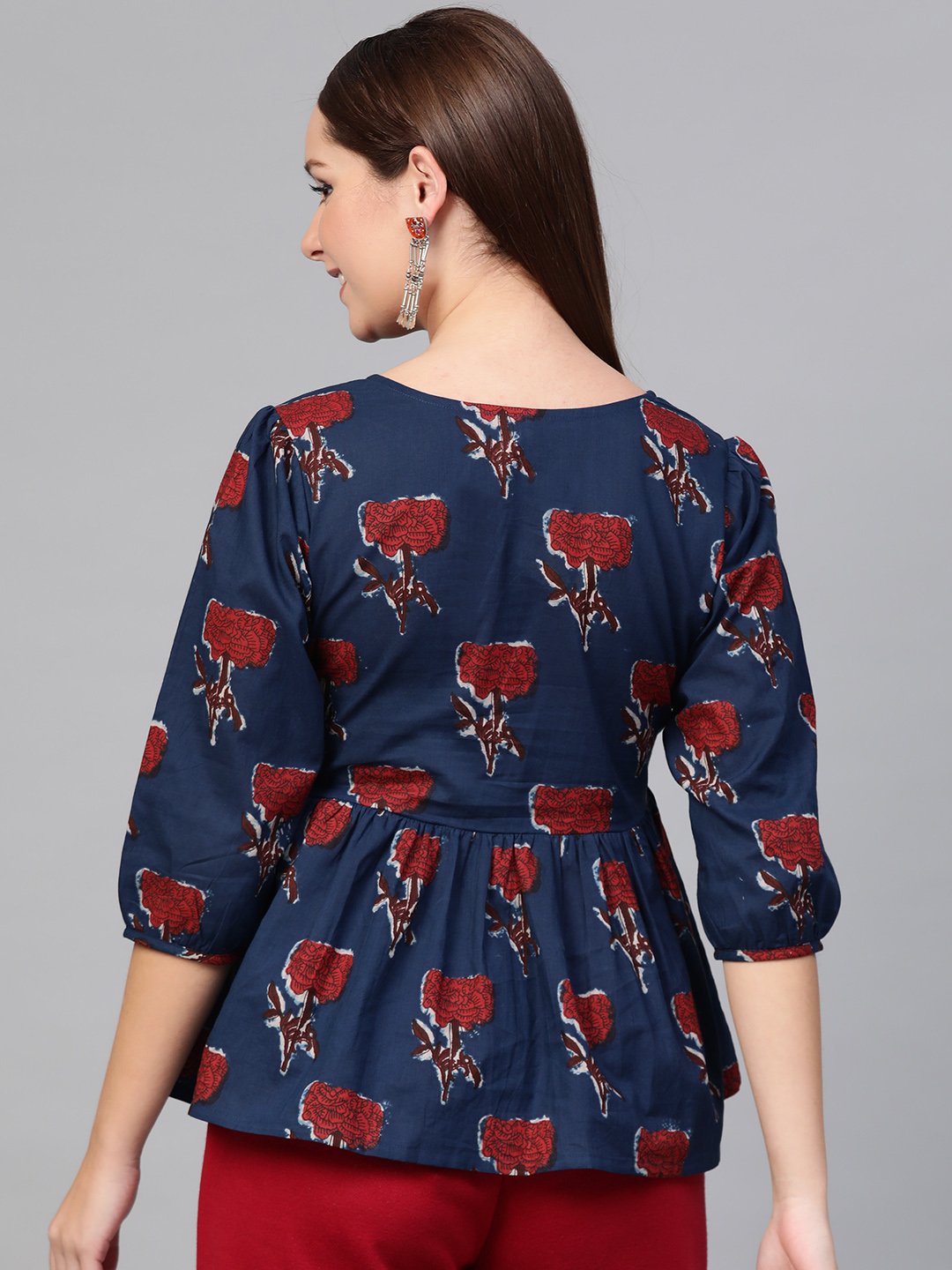 Women Blue & Red Peplum Printed Top | LASVINI - Redefining Indian Fashion with Elegance