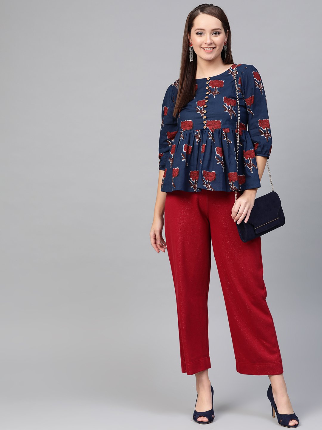 Women Blue & Red Peplum Printed Top | LASVINI - Redefining Indian Fashion with Elegance