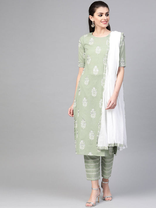 Women Green & White Straight Ethnic Motifs Printed Kurta And Trousers Set | LASVINI - Redefining Indian Fashion with Elegance