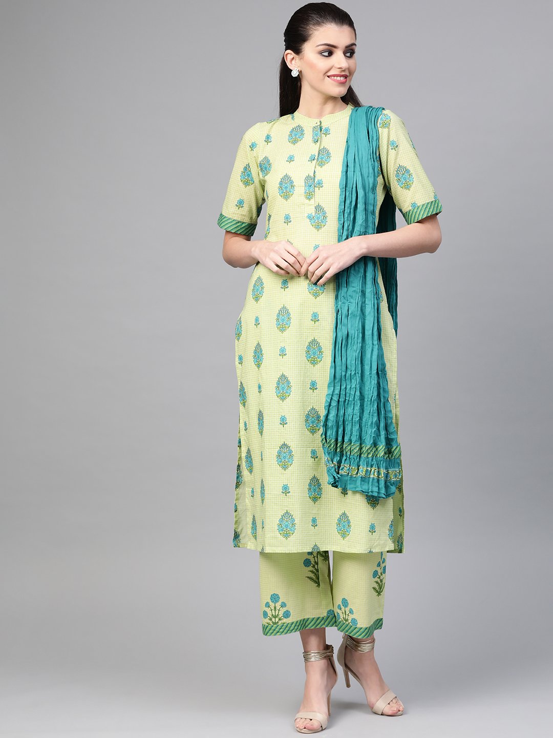 Women Green & Blue Straight Ethnic Motifs Printed Kurta And Palazzos Set | LASVINI - Redefining Indian Fashion with Elegance
