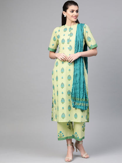 Women Green & Blue Straight Ethnic Motifs Printed Kurta And Palazzos Set | LASVINI - Redefining Indian Fashion with Elegance