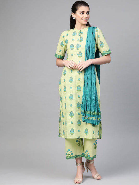 Women Green & Blue Straight Ethnic Motifs Printed Kurta And Palazzos Set | LASVINI - Redefining Indian Fashion with Elegance
