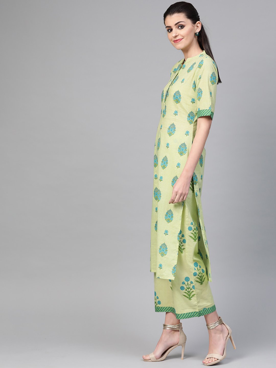 Women Green & Blue Straight Ethnic Motifs Printed Kurta And Palazzos Set | LASVINI - Redefining Indian Fashion with Elegance