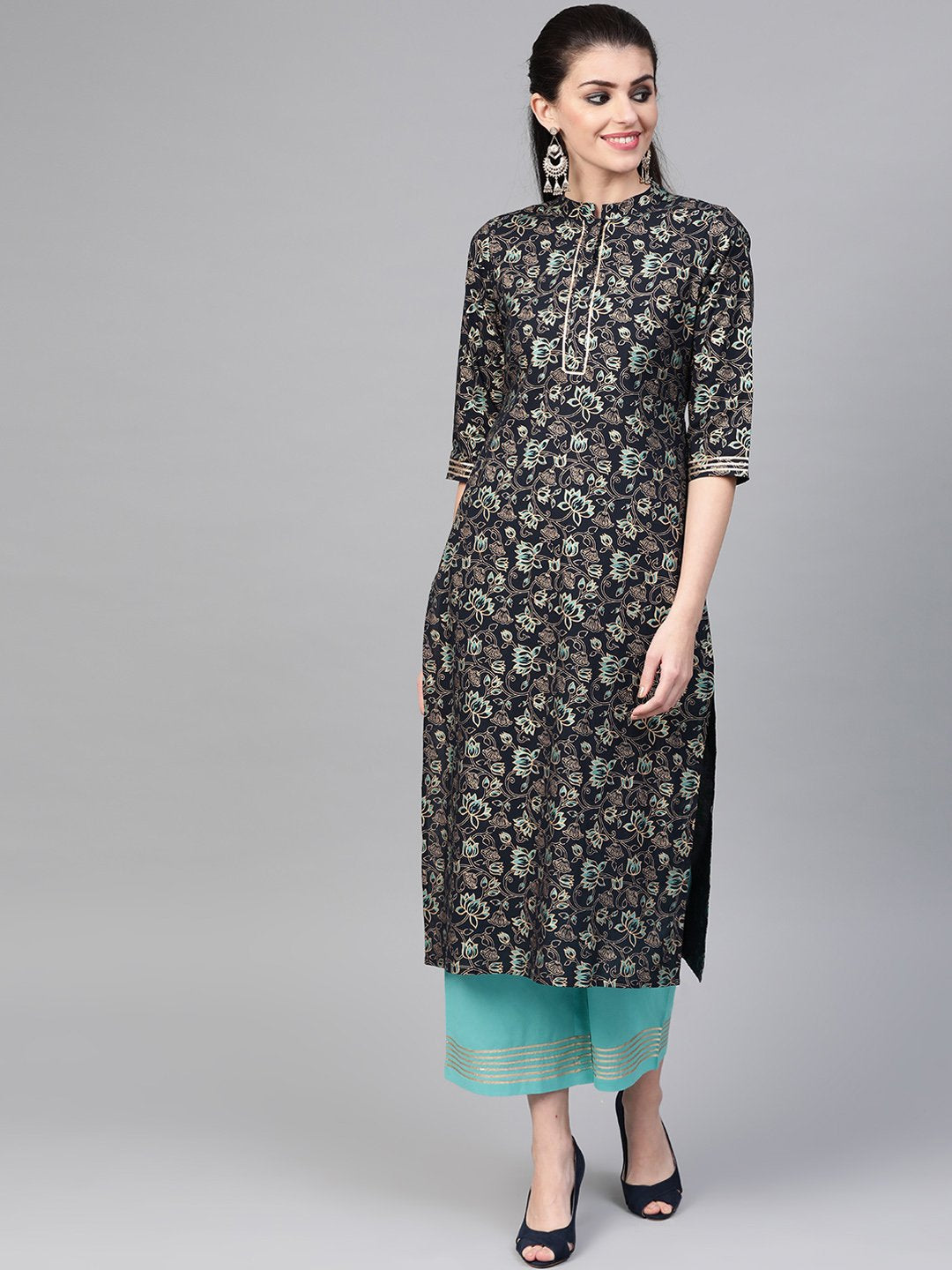 Women Navy Blue & Blue Straight Floral Printed Kurta And Palazzos Set | LASVINI - Redefining Indian Fashion with Elegance