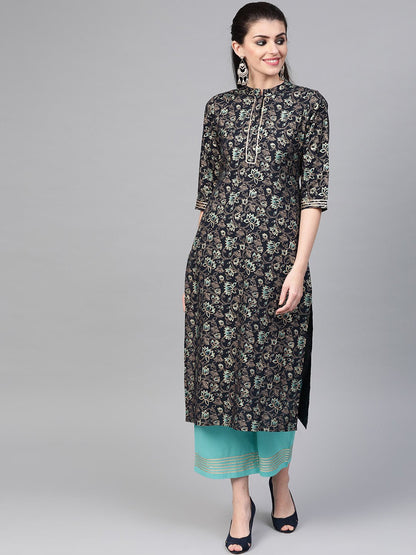 Women Navy Blue & Blue Straight Floral Printed Kurta And Palazzos Set | LASVINI - Redefining Indian Fashion with Elegance