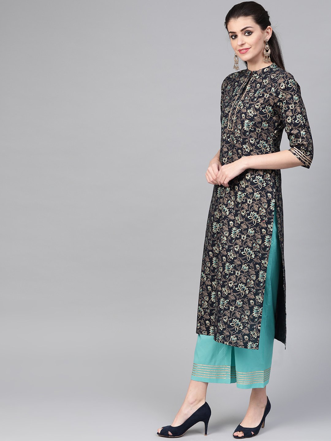 Women Navy Blue & Blue Straight Floral Printed Kurta And Palazzos Set | LASVINI - Redefining Indian Fashion with Elegance