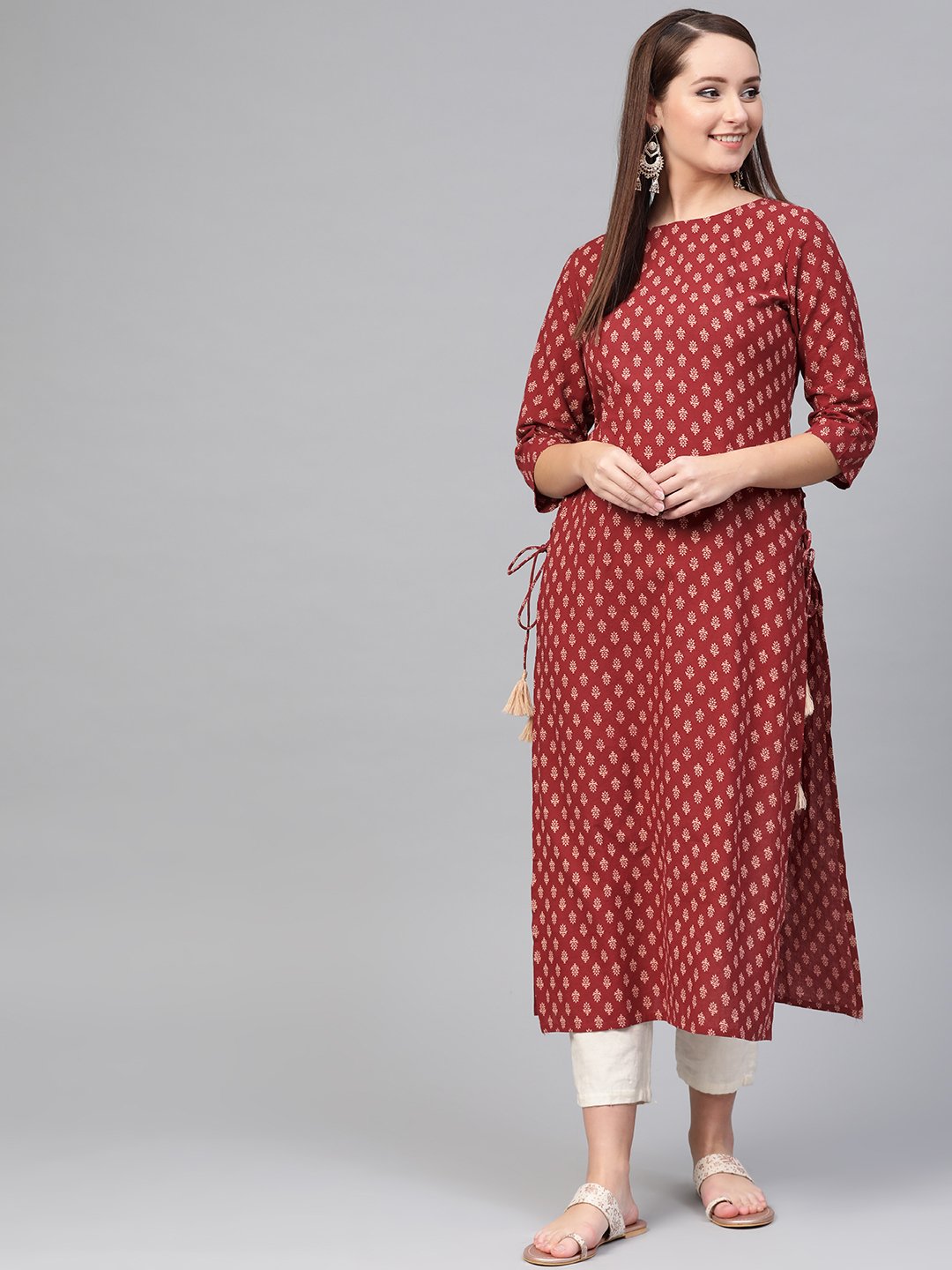 Women Maroon & Cream Cotton Straight Ethnic Motifs Printed Kurta | LASVINI - Redefining Indian Fashion with Elegance