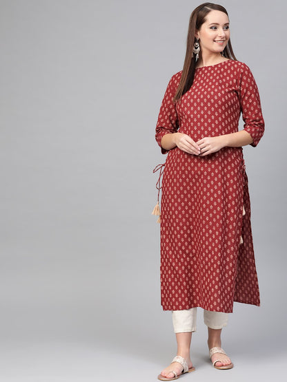 Women Maroon & Cream Cotton Straight Ethnic Motifs Printed Kurta | LASVINI - Redefining Indian Fashion with Elegance
