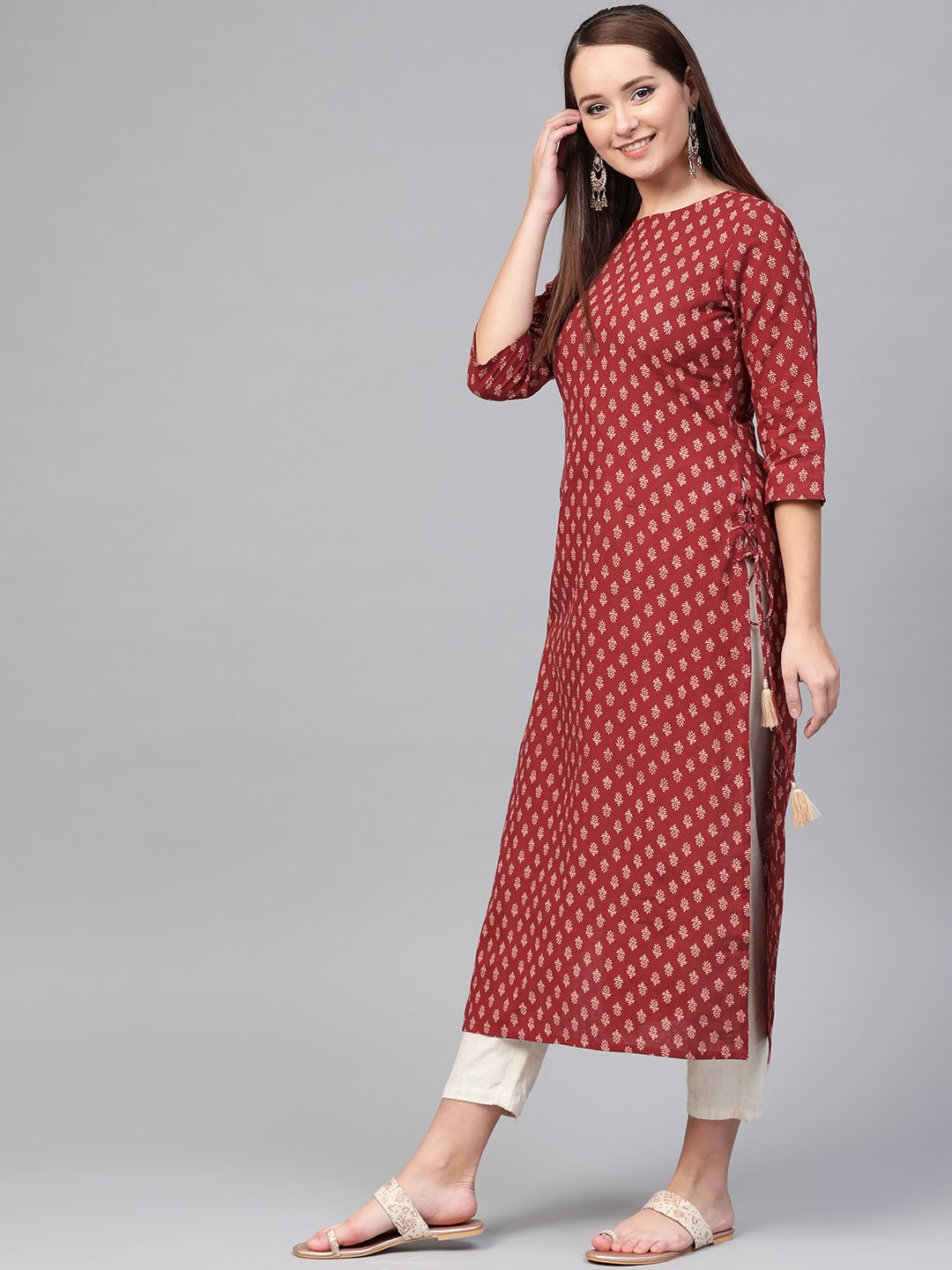 Women Maroon & Cream Cotton Straight Ethnic Motifs Printed Kurta | LASVINI - Redefining Indian Fashion with Elegance