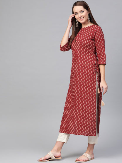 Women Maroon & Cream Cotton Straight Ethnic Motifs Printed Kurta | LASVINI - Redefining Indian Fashion with Elegance