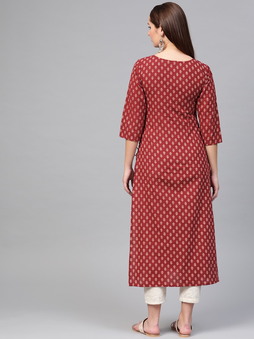 Women Maroon & Cream Cotton Straight Ethnic Motifs Printed Kurta | LASVINI - Redefining Indian Fashion with Elegance