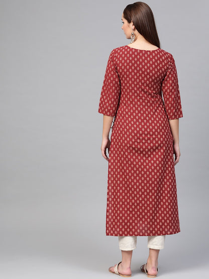 Women Maroon & Cream Cotton Straight Ethnic Motifs Printed Kurta | LASVINI - Redefining Indian Fashion with Elegance