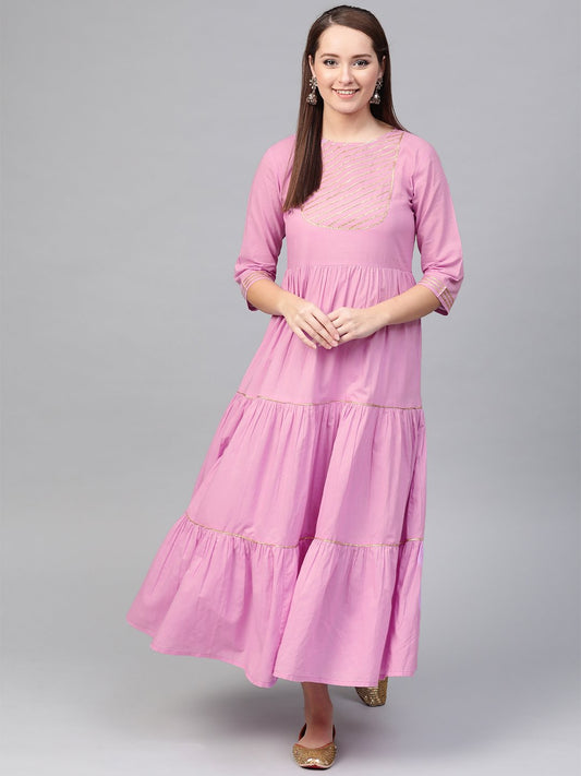 Women Lavender & Gold Solid Maxi Dress | LASVINI - Redefining Indian Fashion with Elegance