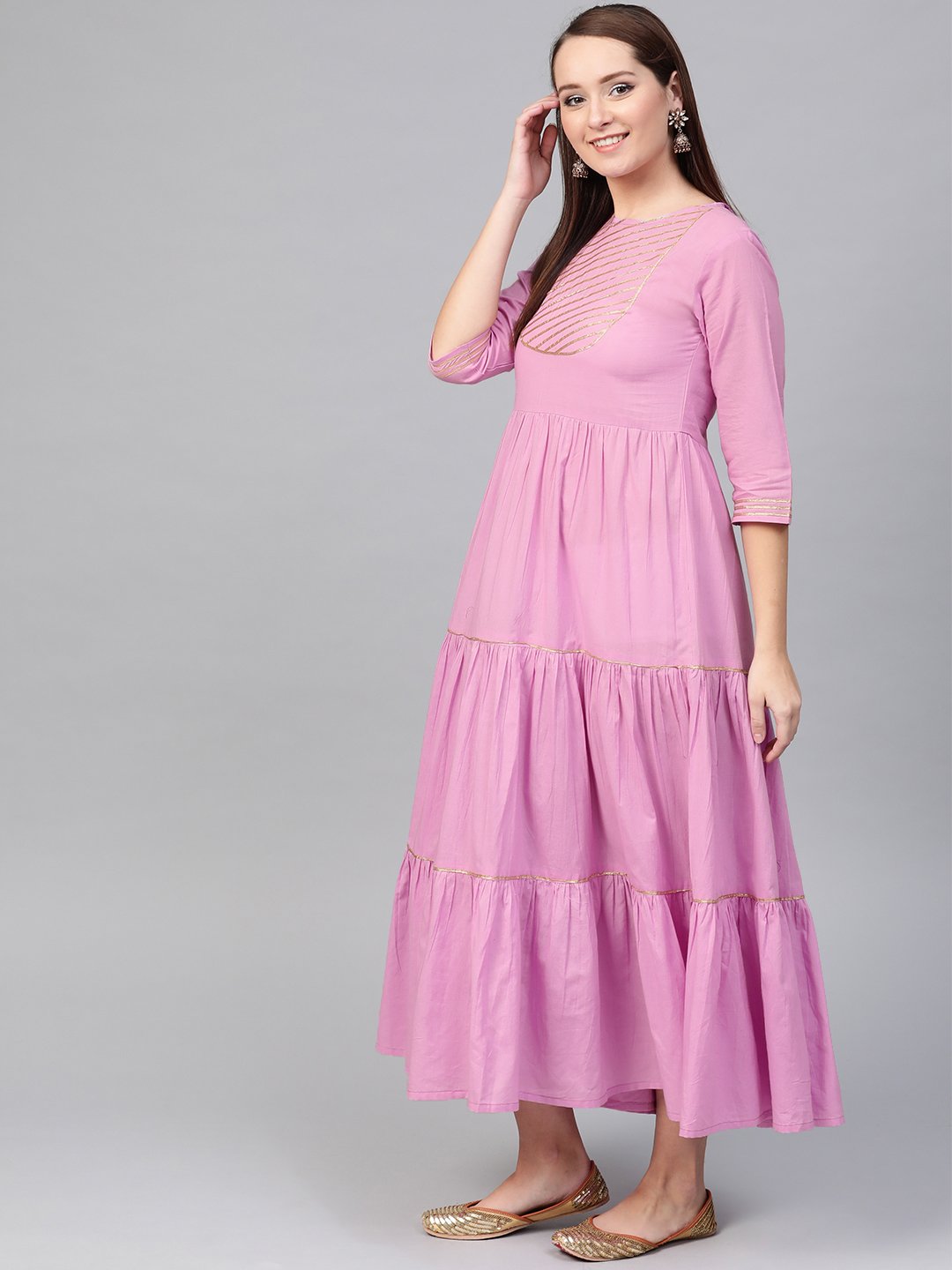 Women Lavender & Gold Solid Maxi Dress | LASVINI - Redefining Indian Fashion with Elegance