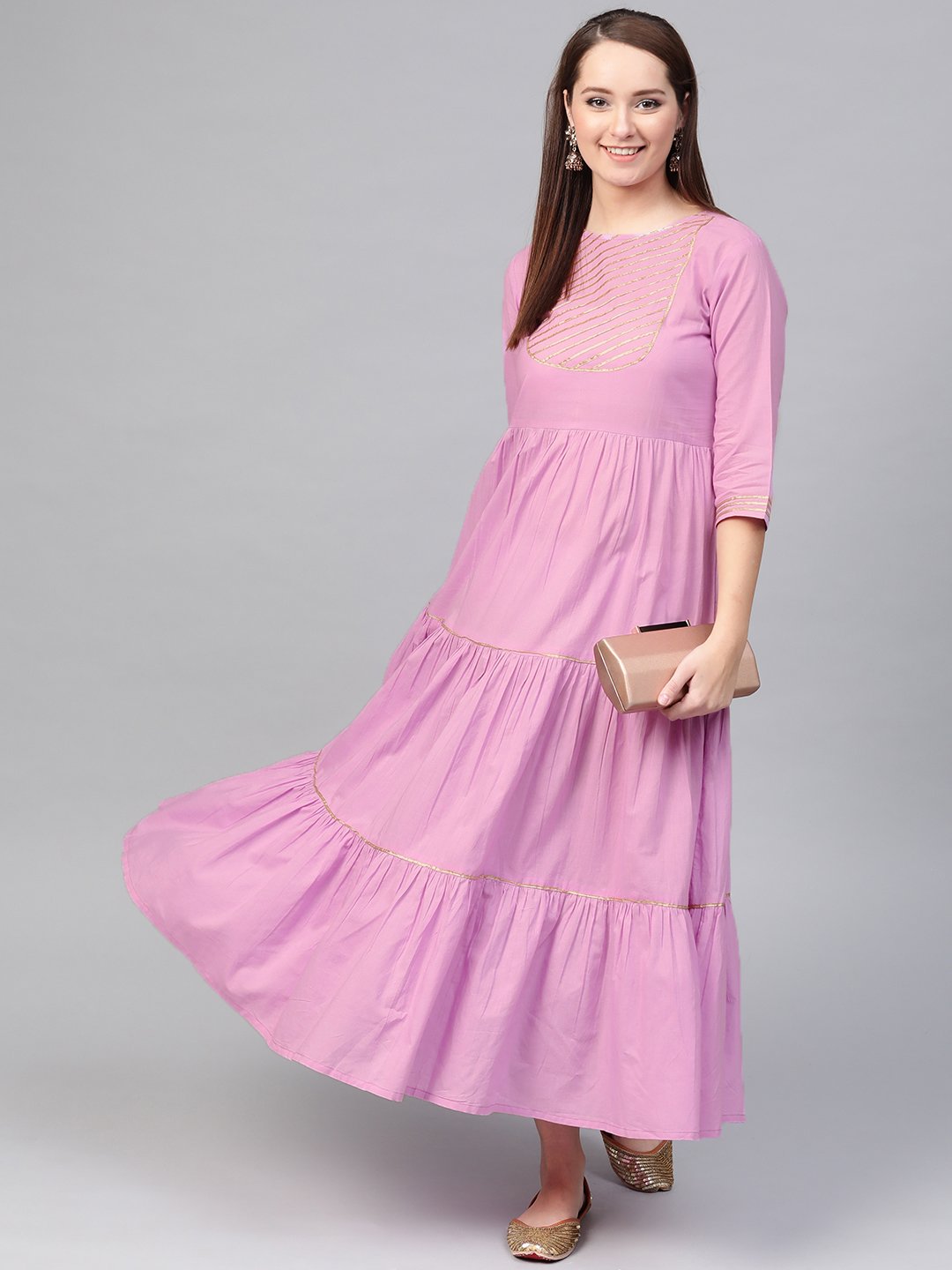 Women Lavender & Gold Solid Maxi Dress | LASVINI - Redefining Indian Fashion with Elegance