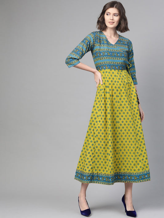 Women Green & Blue Ethnic Motifs Printed Maxi Dress | LASVINI - Redefining Indian Fashion with Elegance