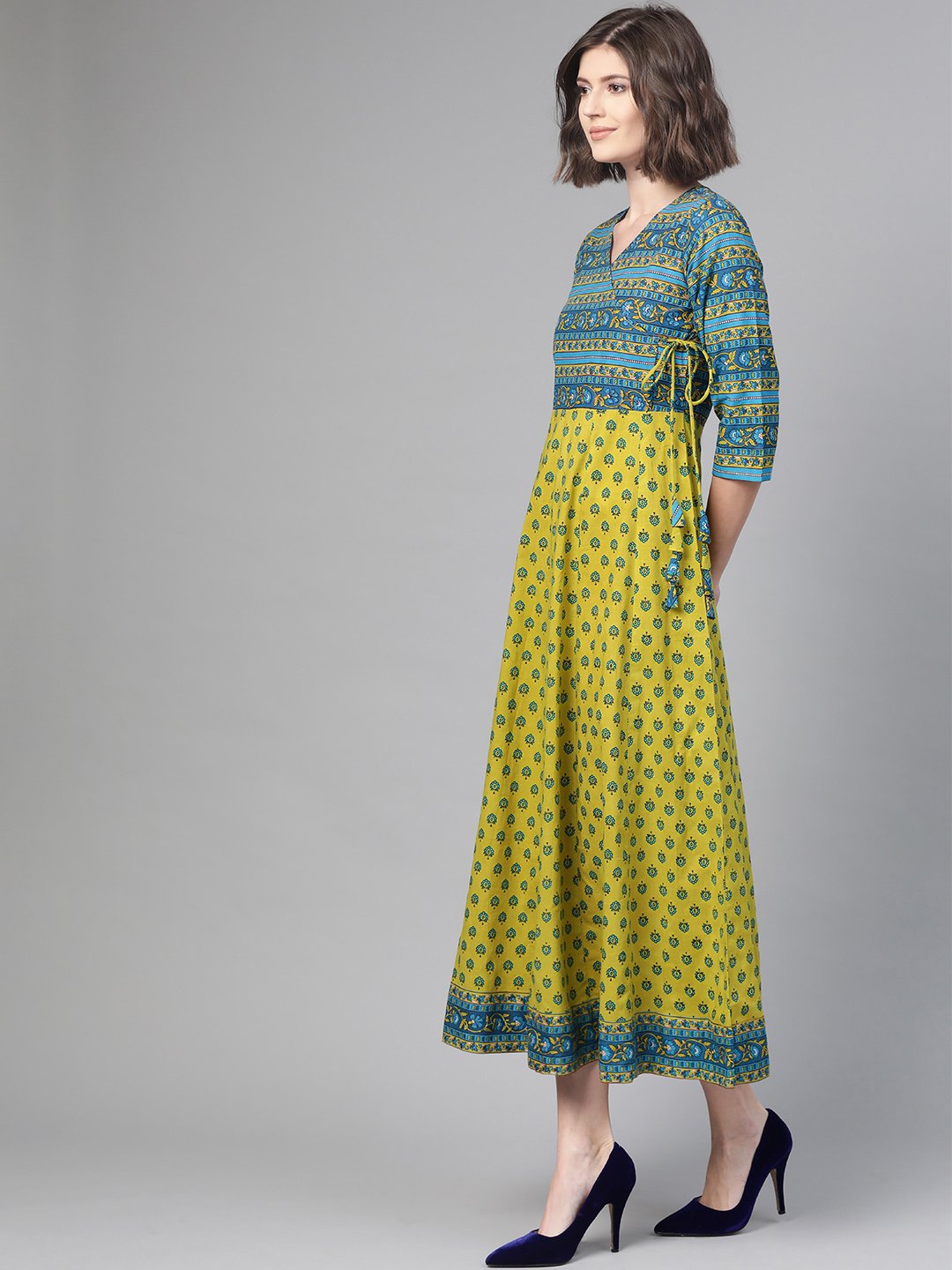 Women Green & Blue Ethnic Motifs Printed Maxi Dress | LASVINI - Redefining Indian Fashion with Elegance