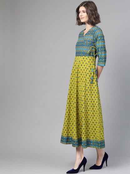Women Green & Blue Ethnic Motifs Printed Maxi Dress | LASVINI - Redefining Indian Fashion with Elegance