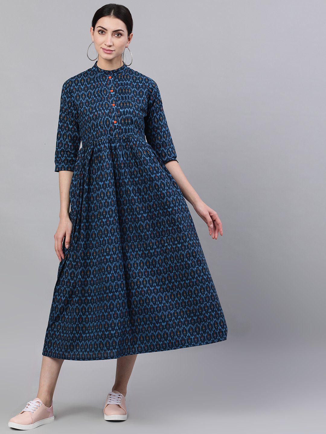 Women Navy Blue Bohemian Printed Mandarin Collar Cotton A-Line Dress | LASVINI - Redefining Indian Fashion with Elegance