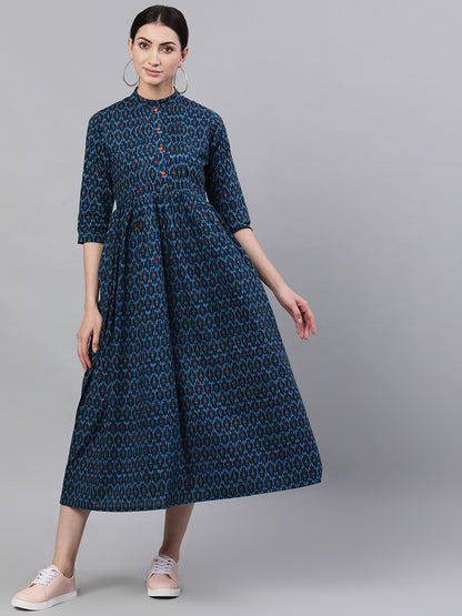 Women Navy Blue Bohemian Printed Mandarin Collar Cotton A-Line Dress | LASVINI - Redefining Indian Fashion with Elegance