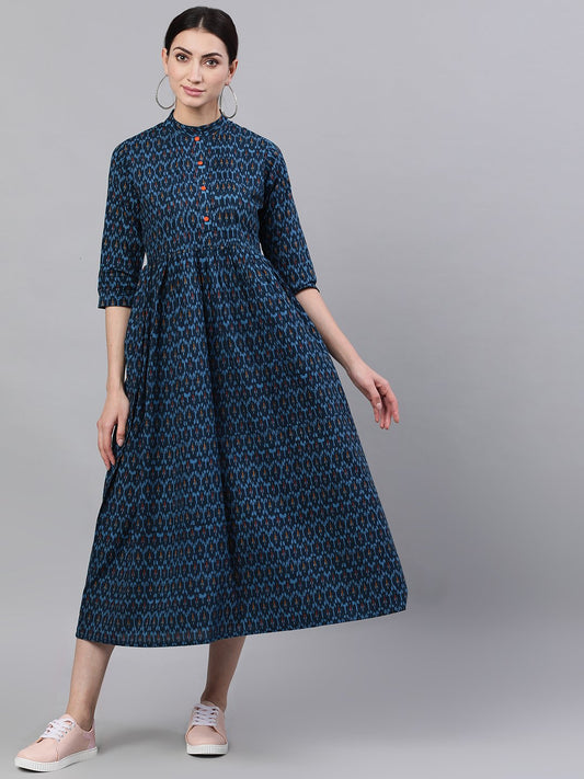 Women Navy Blue Bohemian Printed Mandarin Collar Cotton A-Line Dress | LASVINI - Redefining Indian Fashion with Elegance