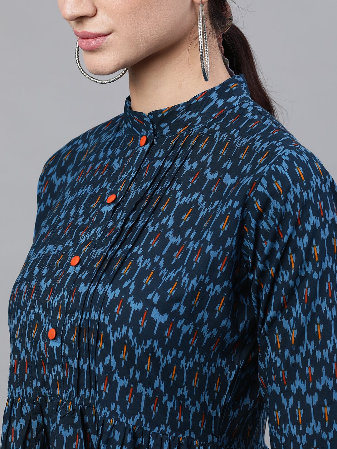 Women Navy Blue Bohemian Printed Mandarin Collar Cotton A-Line Dress | LASVINI - Redefining Indian Fashion with Elegance