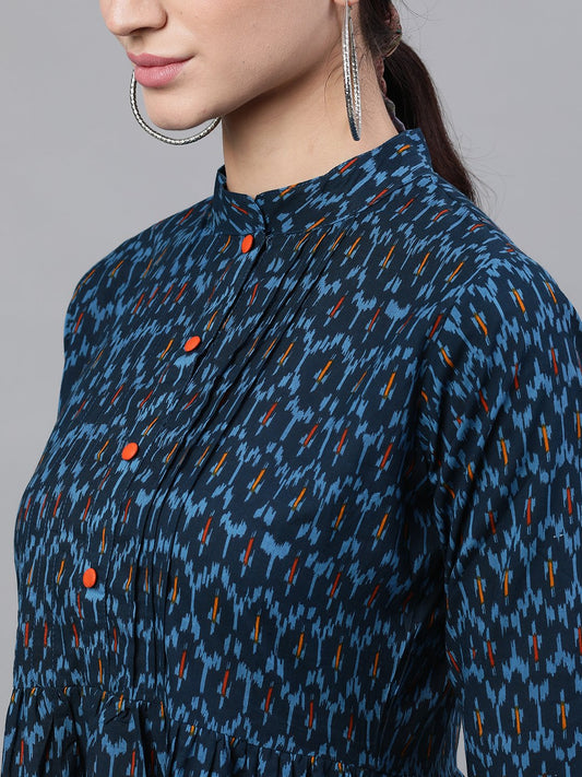 Women Navy Blue Bohemian Printed Mandarin Collar Cotton A-Line Dress | LASVINI - Redefining Indian Fashion with Elegance