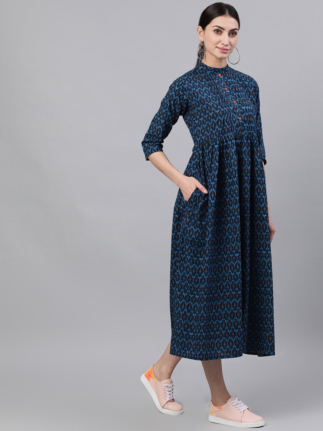 Women Navy Blue Bohemian Printed Mandarin Collar Cotton A-Line Dress | LASVINI - Redefining Indian Fashion with Elegance