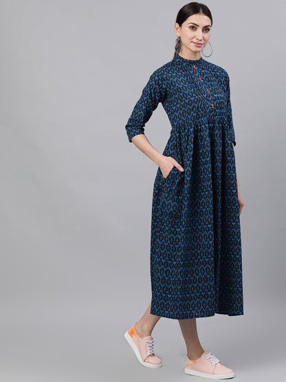 Women Navy Blue Bohemian Printed Mandarin Collar Cotton A-Line Dress | LASVINI - Redefining Indian Fashion with Elegance