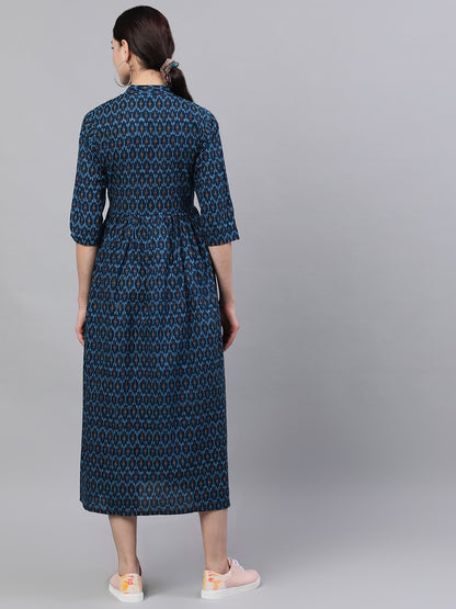 Women Navy Blue Bohemian Printed Mandarin Collar Cotton A-Line Dress | LASVINI - Redefining Indian Fashion with Elegance
