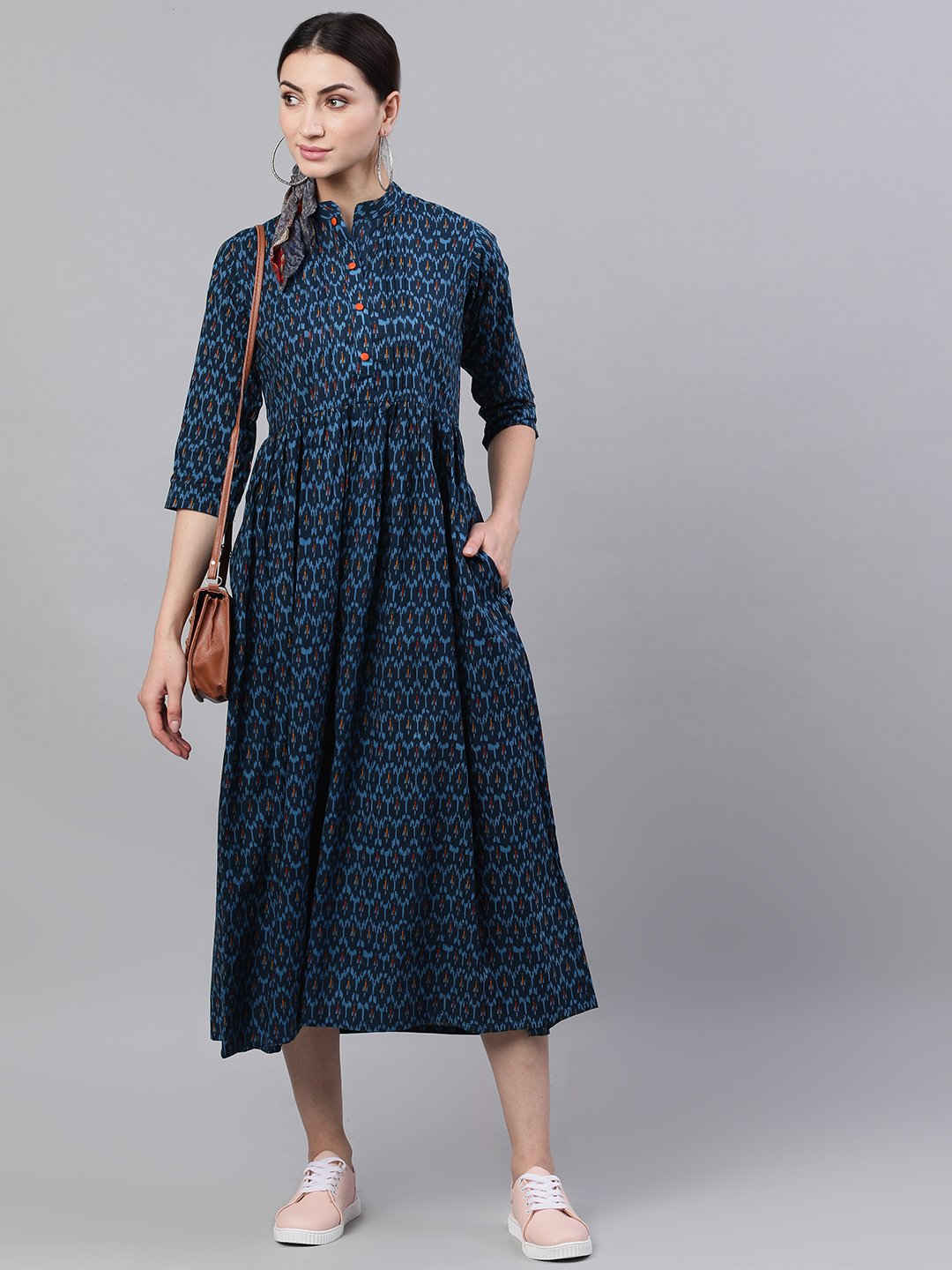Women Navy Blue Bohemian Printed Mandarin Collar Cotton A-Line Dress | LASVINI - Redefining Indian Fashion with Elegance