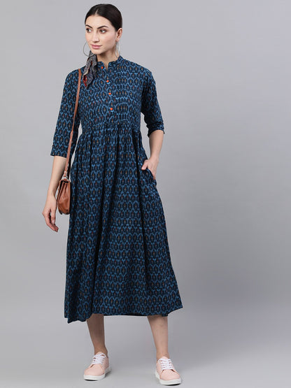 Women Navy Blue Bohemian Printed Mandarin Collar Cotton A-Line Dress | LASVINI - Redefining Indian Fashion with Elegance