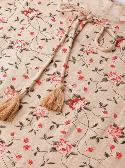 Women Beige & Red Floral Printed Fit And Flare Dress | LASVINI - Redefining Indian Fashion with Elegance